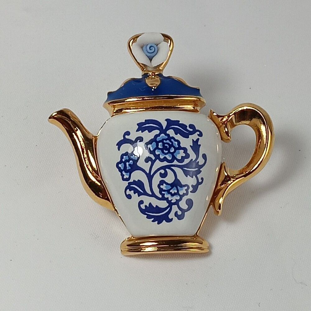 Avon Tea Time Novelty Pin Brooch Blue and White Floral Deft Blue Gold Trim - Picture 2 of 10